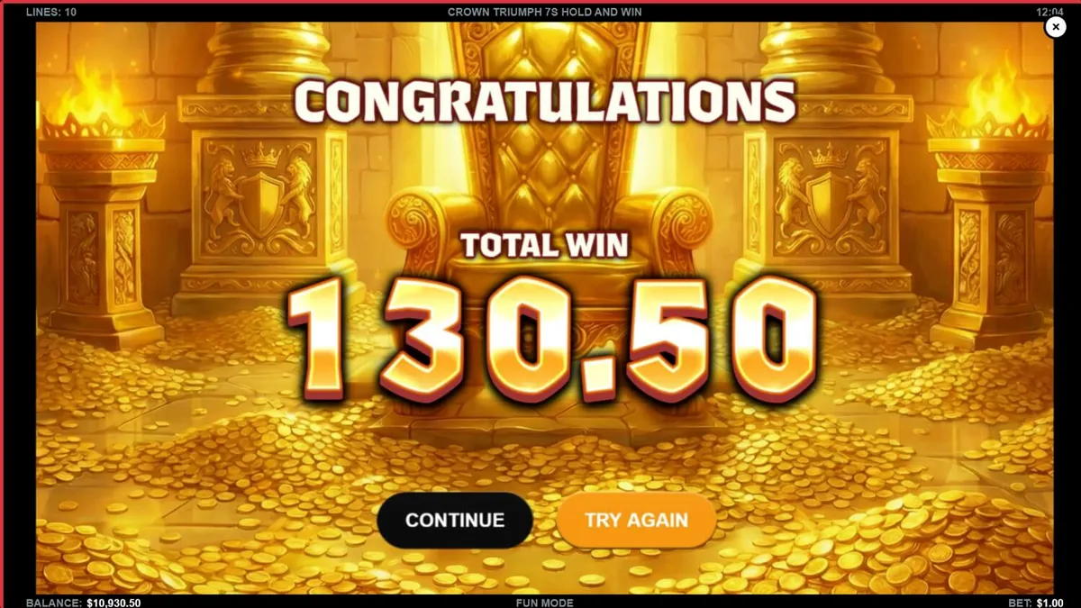 Interface do jogo Crown Triumph 7s Hold and Win com símbolos clássicos e brilho real
